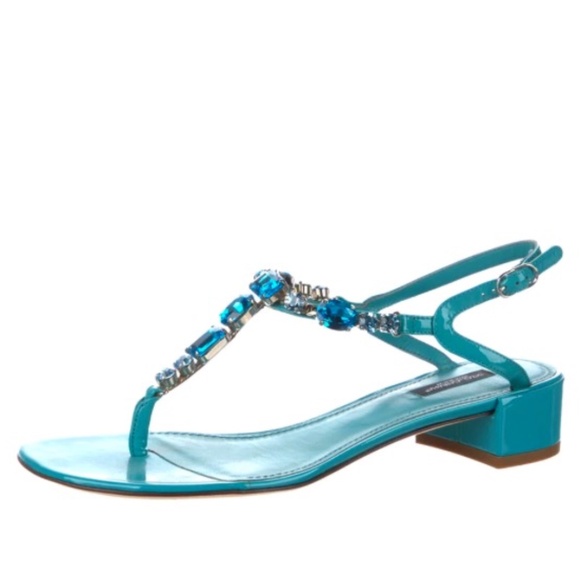 DOLCE & GABBANA Patent Leather Crystal Embellishments T-Strap Blue Sandals 38 - Picture 1 of 6